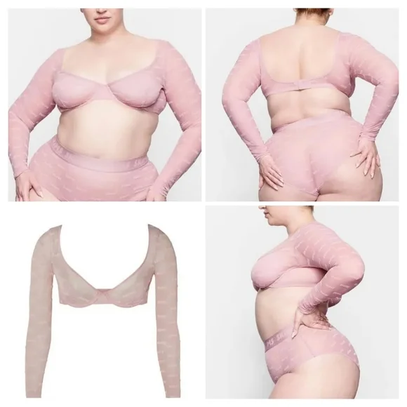 SKIMS After Hours Bra Top Long Sleeve Flocked Logo Mesh  ROSE CLAY 3X - Picture 12 of 13